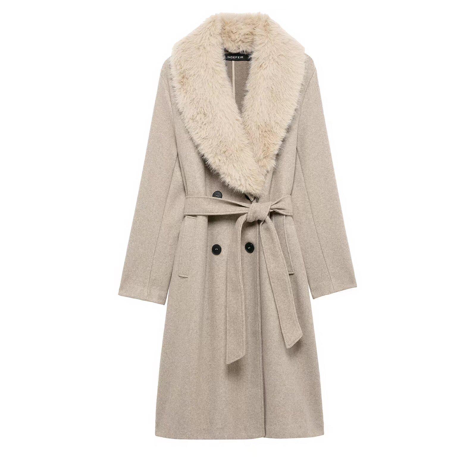 

2025 Spring Women s Faux Fur Lapel Long-Sleeve Coat Large верблюд