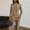 Women's Summer New Style Chic Double Buckle Belted Waist Trench Coat Top with High Waist Long Pants Set