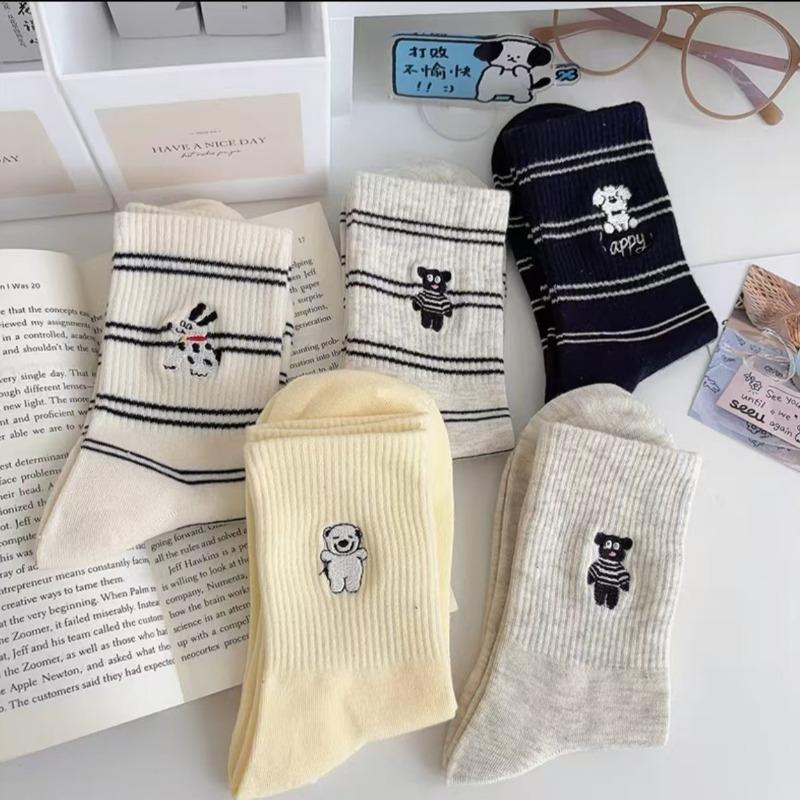 Sock Children's Mid-length Socks, Trendy Small Bear Dog Striped, Versatile and Casual, Suitable for All Seasons  spring, Autumn, Winter