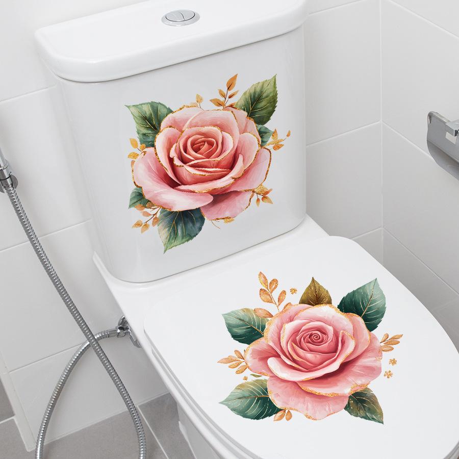 Luxury Gold Rim Floral Toilet Tank and Seat Decoration Sticker Self-Adhesive Easy Peel Removable for Bathroom WC