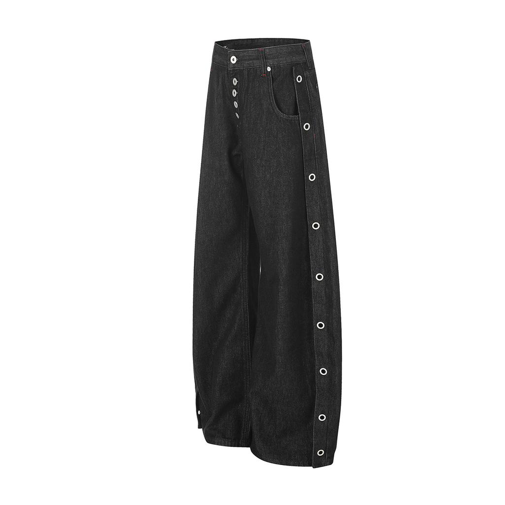 American retro trendy brand button design sense primary color washed jeans loose wide leg pants personalized street scimitar pants
