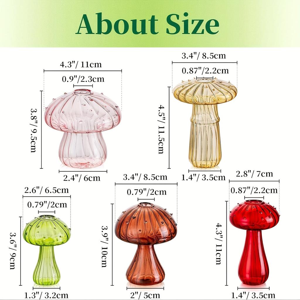 Glass Mushroom Vase Flower,5 Colorful Small Bud Vase Unique, Mushroom Propagation Hydroponic Vase, Funky Farmhouse Decor, Home Room, Kit