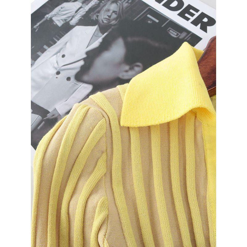 American Lapel Lemon Yellow Long Sleeves Knitwear Big Pit Strip Silm Short Sexy Deep V Pullover Tops