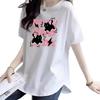 European Style White Printed Cotton Loose Fit T-Shirt for Women - Mid-Length, Over-Hip, Plus Size, Short Sleeve, Summer Trend