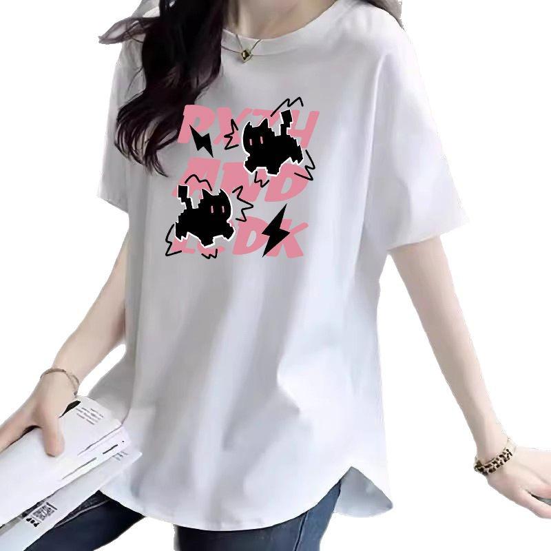 European Style White Printed Cotton Loose Fit T-Shirt for Women - Mid-Length, Over-Hip, Plus Size, Short Sleeve, Summer Trend