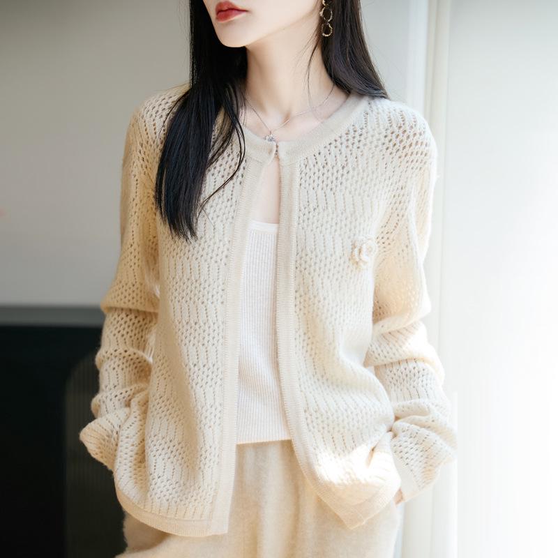 2025 Women's Shawl Style Sweater Cardigan: Round Neck, Hollow Out, Loose Fit, Versatile Long Sleeve, 100% Wool Outerwear