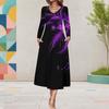 Women Plus Size V Neck Long Sleeve Black Purple Floral Print A Line Midi Dress With Pockets