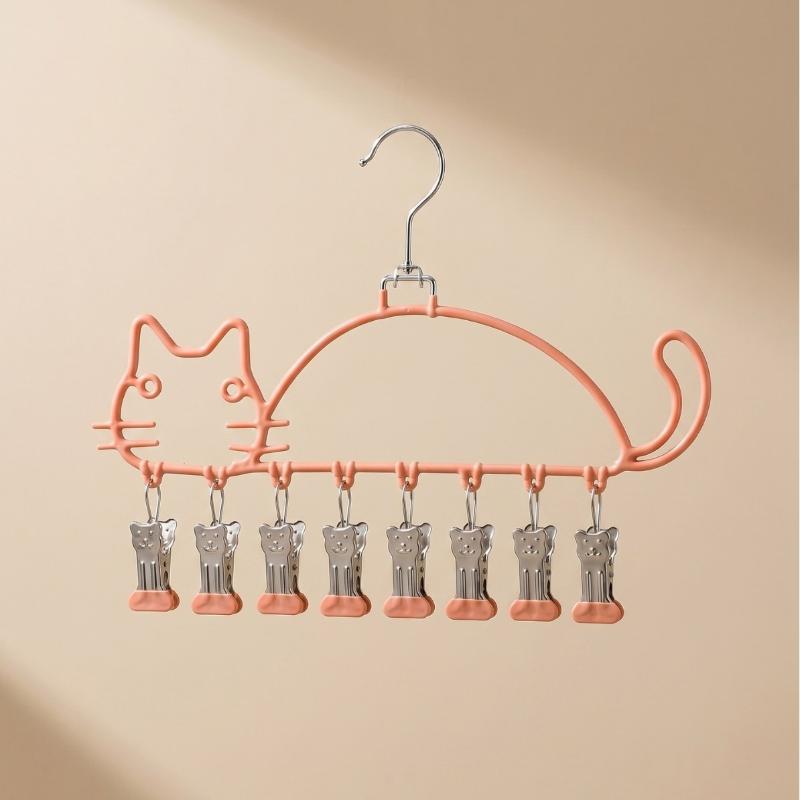Cat Shape Clothes Drying Rack 8 Clips Capacity Windproof Waterproof Metal Hanger Balcony Sock Drying