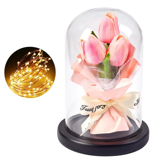 Artificial Rose Bouquet with LED Light Glass Dome Cover Eternal Flower Decoration Women Wife Girlfriend Anniversary Valentine's Day Mother's Day Gift