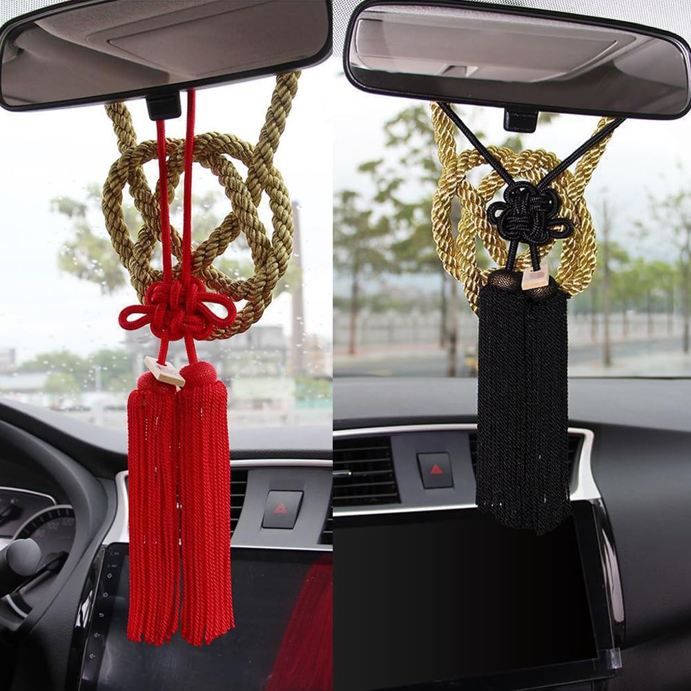 Car Decorative Tassel Charm JP Pendant Car Decorative Tassel Chrysanthemum Knot + Diamond Rope Rearview Mirror Compatible Unique Car Shimenawa Knot Ro