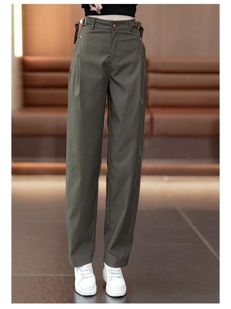 Military Green High-Waist Scythe Cargo Pants for Women - Versatile, Fashionable, Loose Wide-Leg, Slimming Casual Wear for Spring/Autumn 2025.