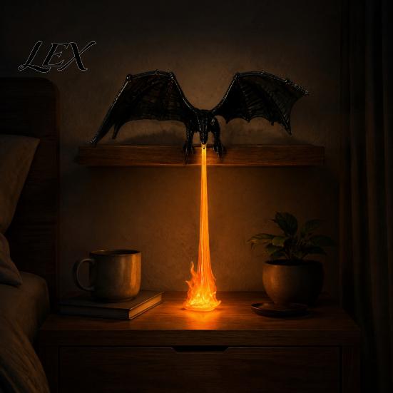 Wooden Shelf Clamp Light Dragon Bookshelf Nook with LED Flame Effect, Fantasy Decor, Cozy Nighttime Atmosphere Lamp Flying Display Ornament for Study