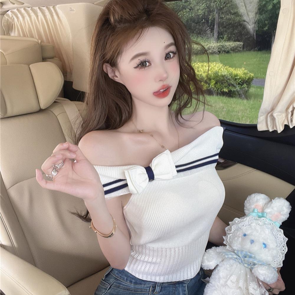 Summer One-word Neck Bow Slim and Thin T-shirt Pure Desire Style Versatile Niche Fashion Hot Girl Sexy Top Ins