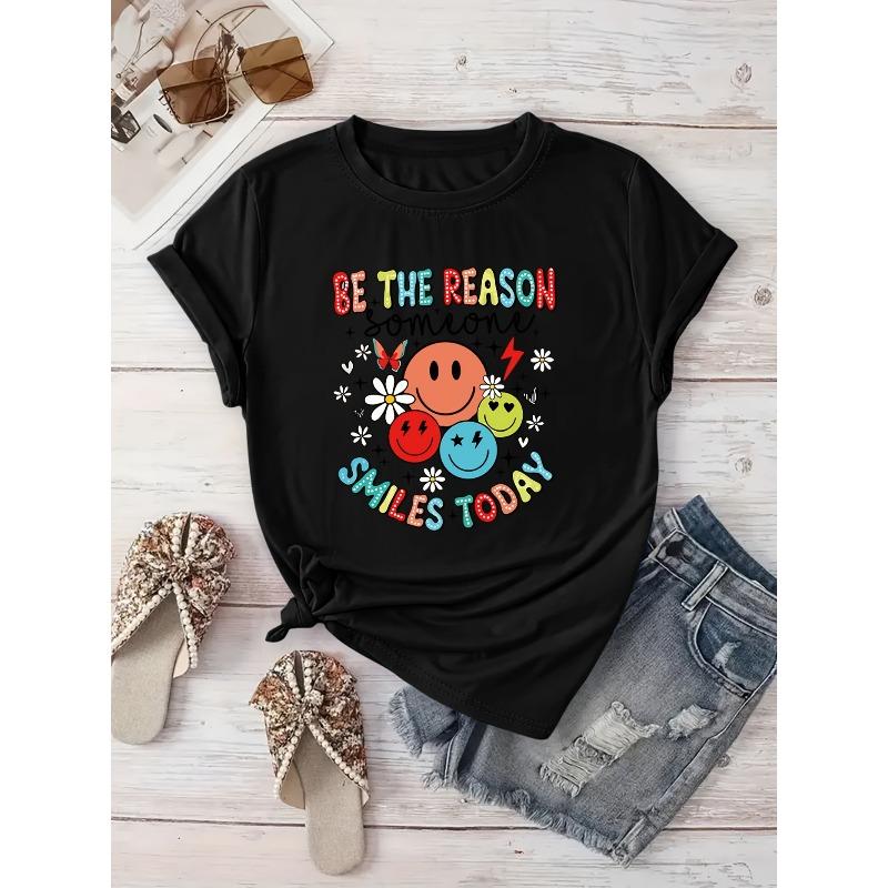

European Size Women s Casual Short Sleeve T-Shirt - Smile Creative Geometric Print with Be the Reason Someone Smiles Quote, Colorful Emoticons S чёрный