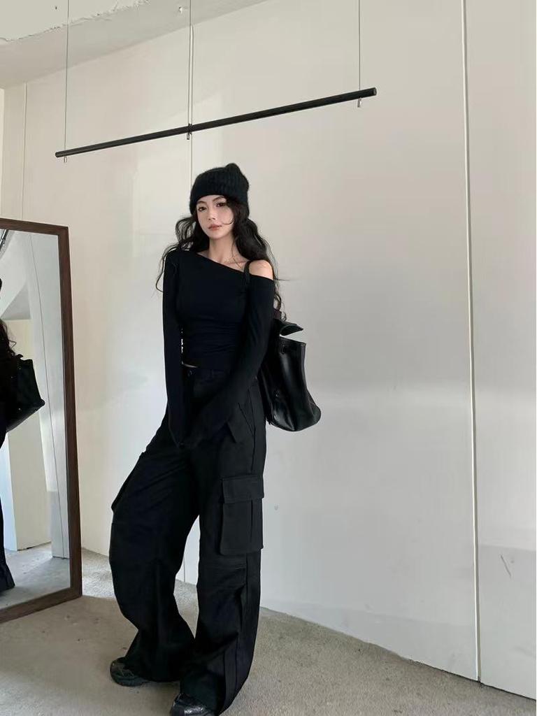 Women's Black Off-Shoulder Sexy Long Sleeve Slim Fit Irregular Top for Autumn