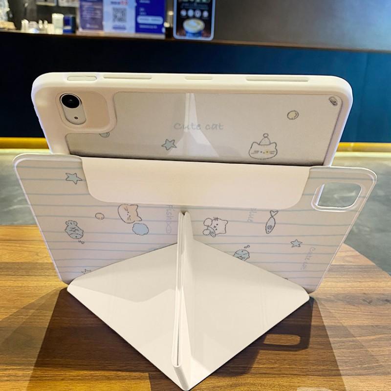 Cartoon Cat Fish Design IPad Case With Pen Slot Magnetic Detachable Stand Air Mini Pro 10.2 10.9 11 12.9 Inch