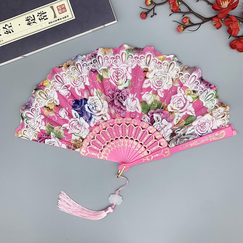 1PC Silk Fan Decoration Fans Floral Pattern Dance Tassel Vintage Folding Fan Hand Fan