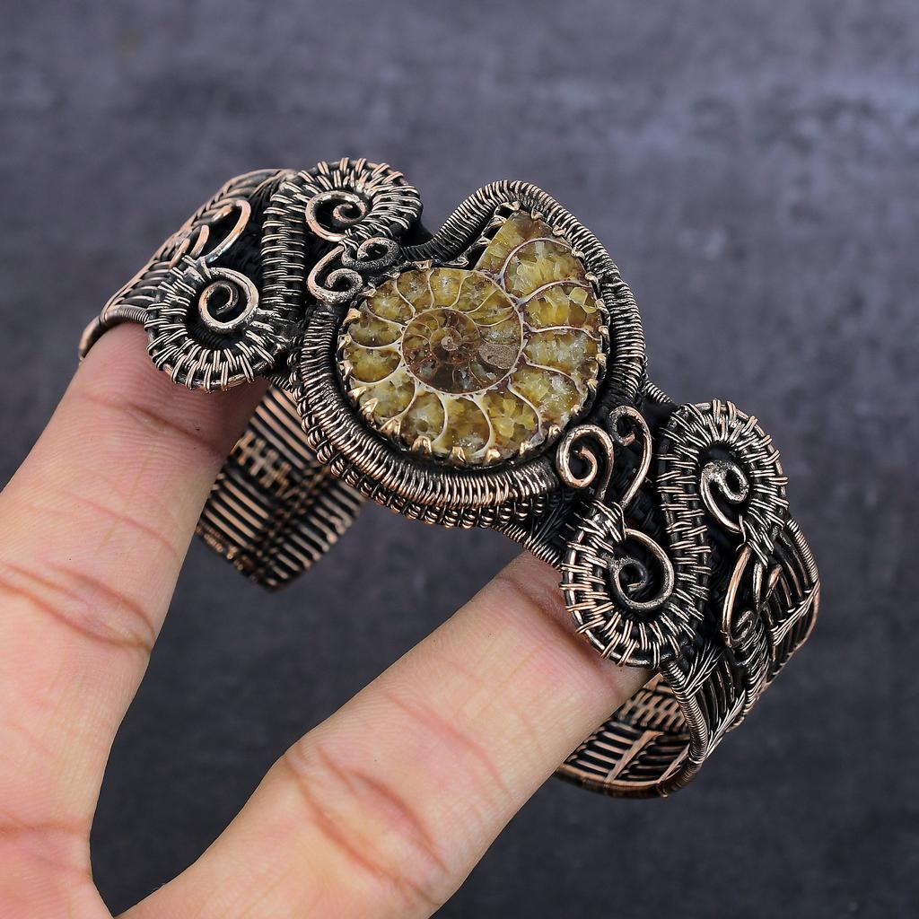 Ammonite Fossil Handmade Copper Wire Wrap Cuff Bangle Adjustable w3L58