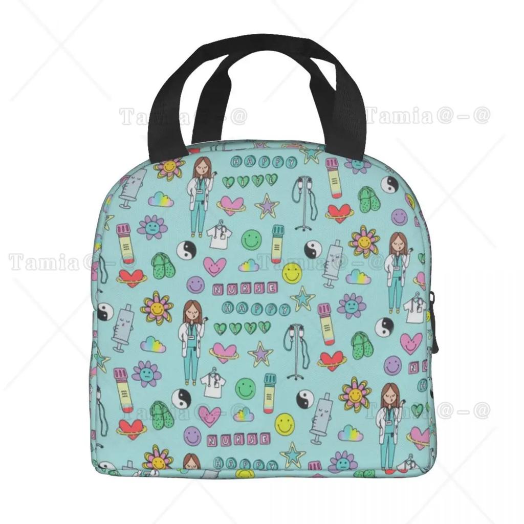 Cartoon Ladies Nurse Printed Lunch Bag for Women No Paro De Doblar Enfermera En Apuros Insulated Cooler Oxford Food Tote Bags