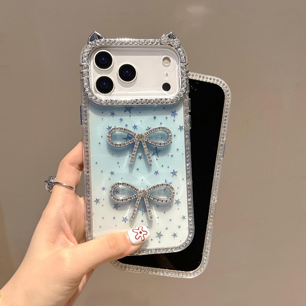 KEYSION Cute 3D Cat Ear Transparent Phone Case for iPhone 14 15 Pro Max 14 15 Plus Glitter Jewelled Bowknot Shockproof Back Cover