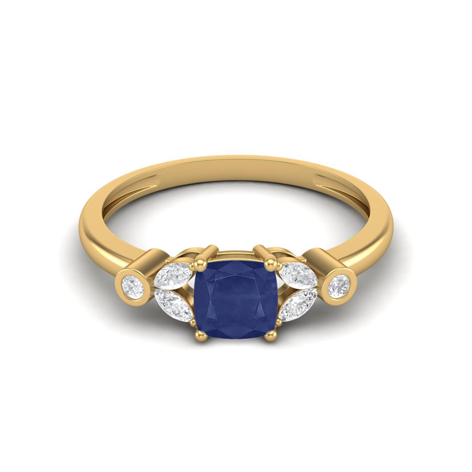 2.05 Cts Cushion Blue Sapphire 925 Sterling Silver Gold Vermeil Classic Accent Women Wedding Ring