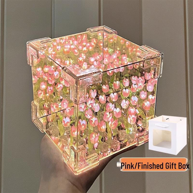Cadeau de Saint-Valentin: Veilleuse Tulipe Faite à la Main Rubik's Cube - Parfait pour l'Anniversaire de la Petite Amie