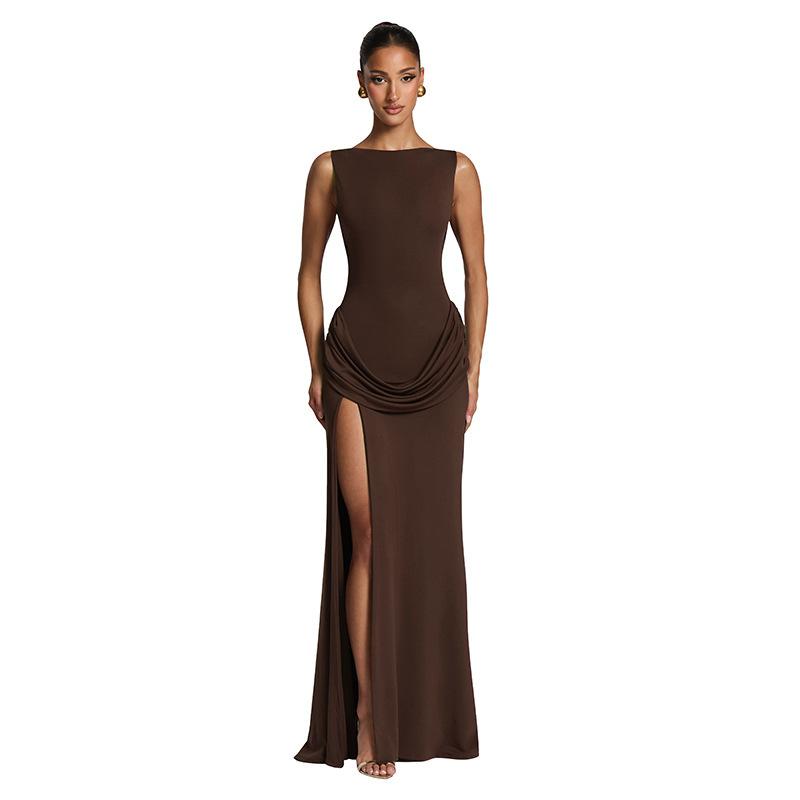 European and American women's clothing summer new solid color casual back drop neck sleeveless slim slit backless dress