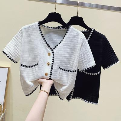 Tops Femininos Verão Manga Curta Camiseta Branca Jaqueta Cardigan Curta Gola V Malhas Casuais Essencial de Verão Conforto e Estilo Slim Fit Pulôveres Camisetas