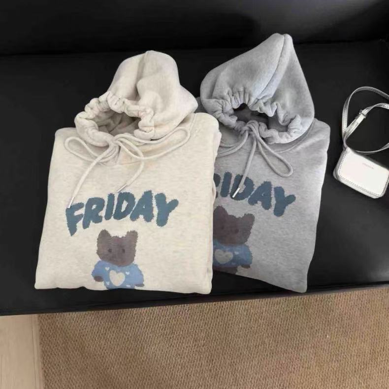 Nuovo Stile Invernale Felpa con Cappuccio in Pile con Stampa Carina di Gatto e Orso Cartone Animato, Cappuccio, Oversize, Comoda Felpa da Donna a Vestibilità Larga