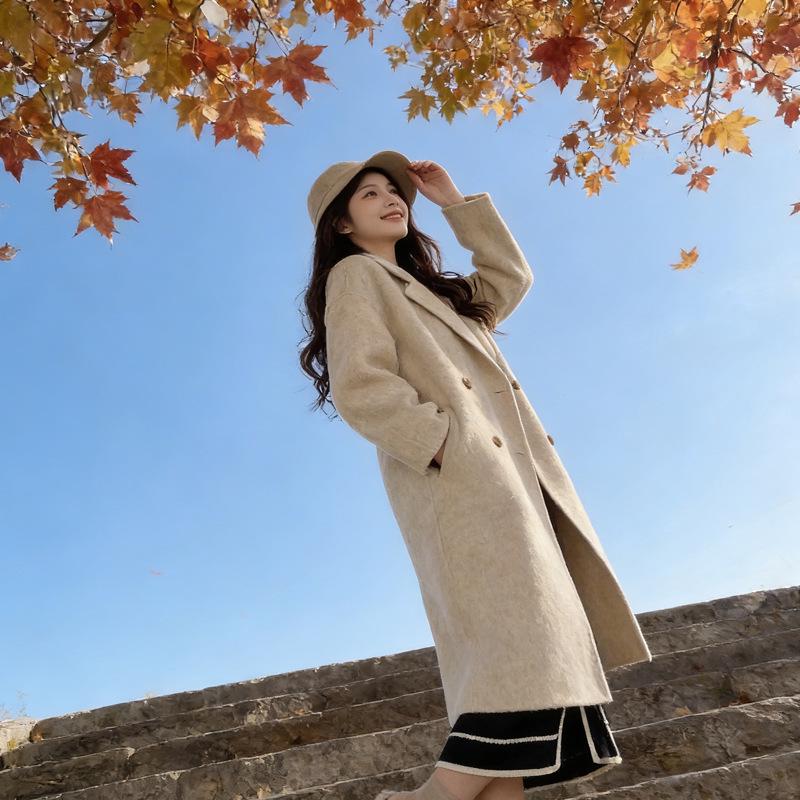 Women's Mid-Length Wool Coat - Elegant Hepburn Style, Petite Loose Fit for Spring/Autumn, Korean-Inspired Design