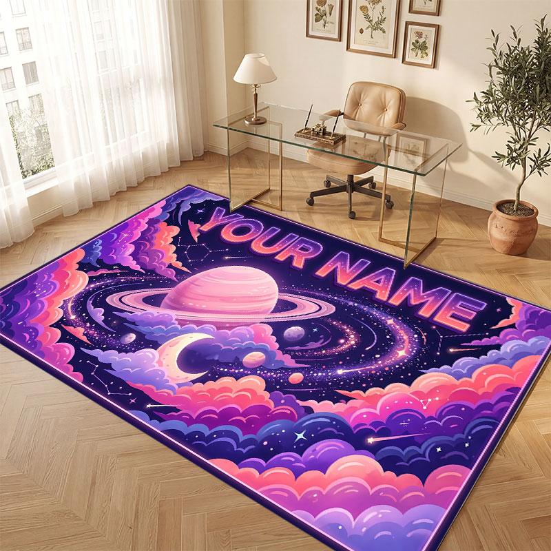 Space Cosmic Theme Crystal Velvet Floor Rug Personalized Custom Name Text Warm Carpet Home Decoration