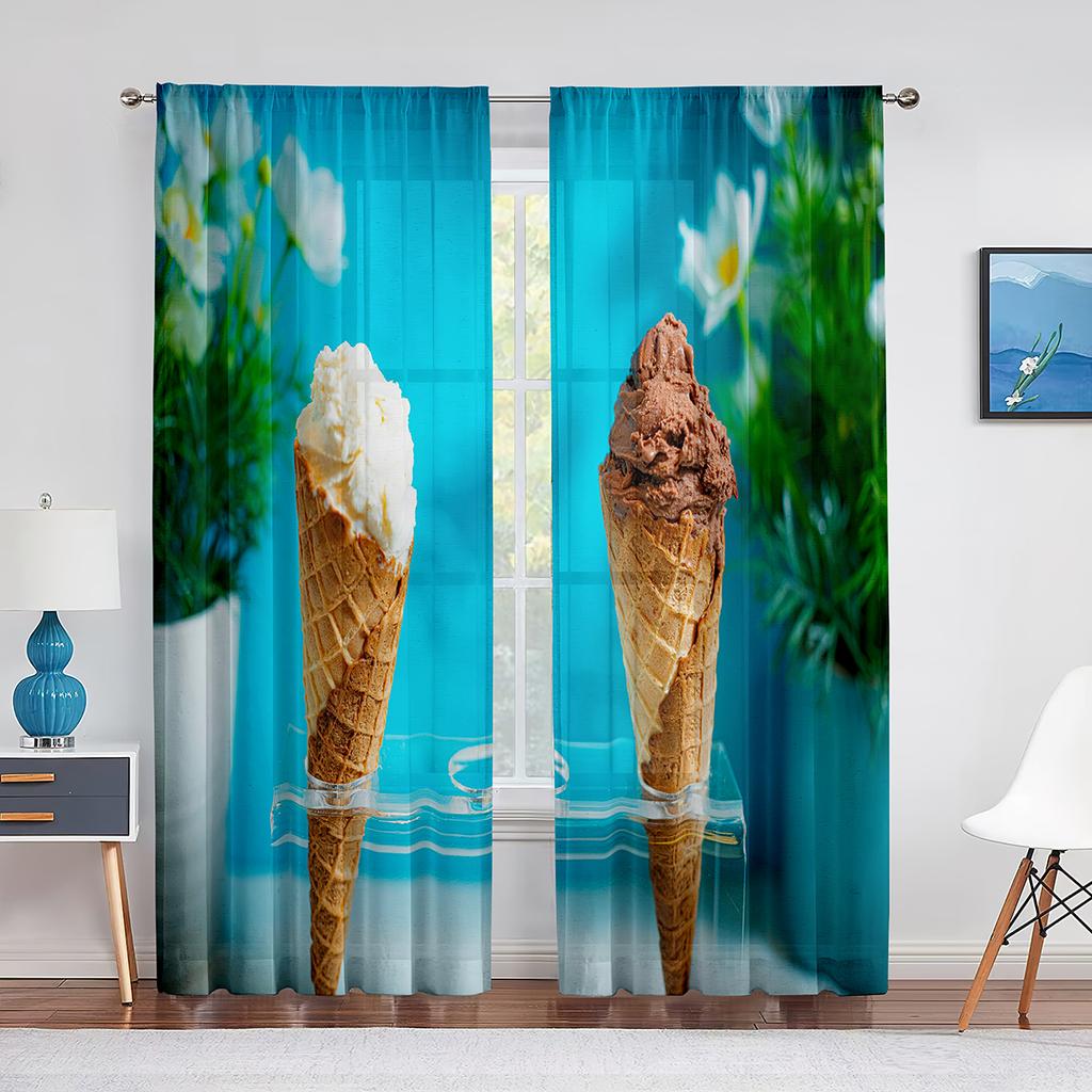 Ice Cream Summer Theme Chocolate and Fruity Flavor Tulle Window Curtains for Living Room Bedroom Decorative Sheer Voile Curtain