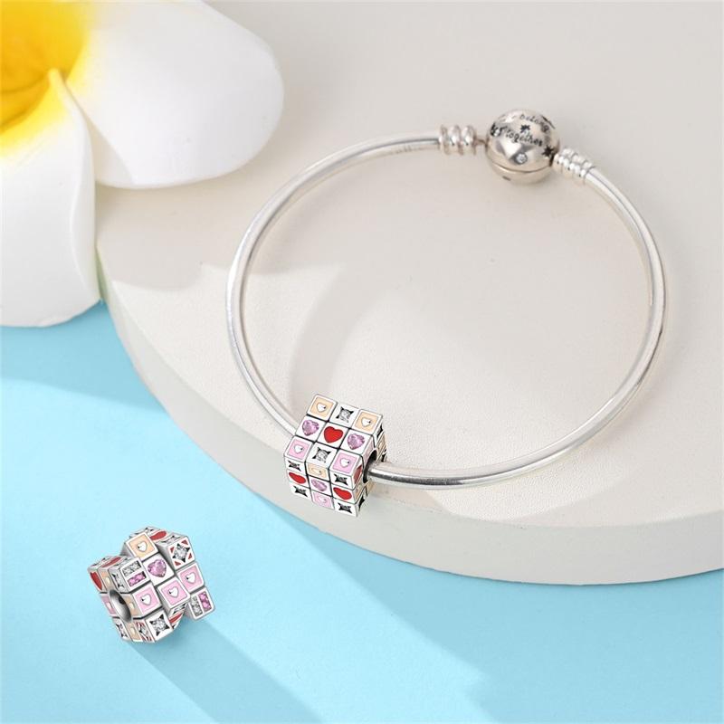 Silve Charm Beads Beads Pink Color Couple Love Rubik'S Cube Charms Accessories For Bracelets Woman Fine Jewelry Gifts
