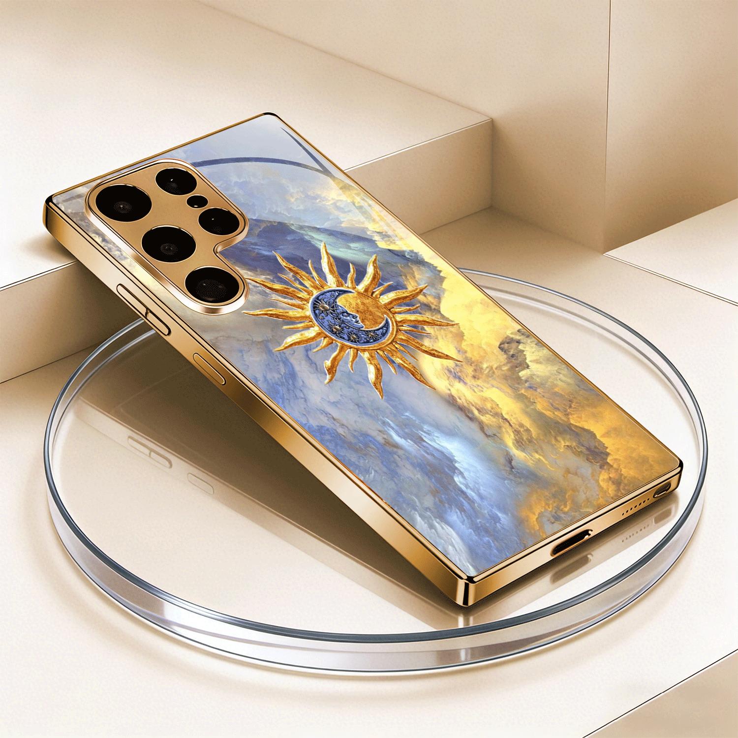 

Gold-plated tempered glass phone case, compatible Galaxy S26 S25 S24 S23 S22 Ultra Plus. Features a corona cloud design. For Galaxy S26