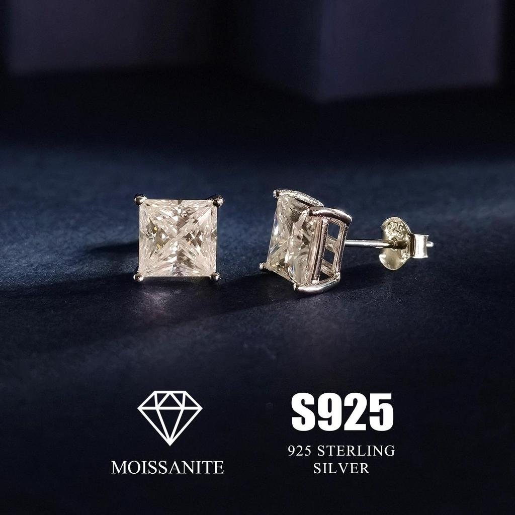 7MM MOISSANITE Square Princess Stud Earrings Unisex 925 Silver Passes Tester