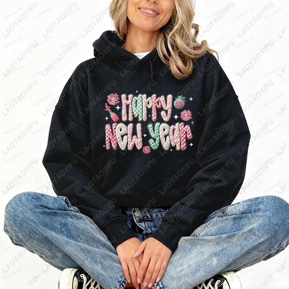 Happy New Year 2026 Women Hoodies Hello 2026 Faux Crochet Coquette Faux Yarn Printed Long Sleeve Sweatshirt Winter Sweater Women