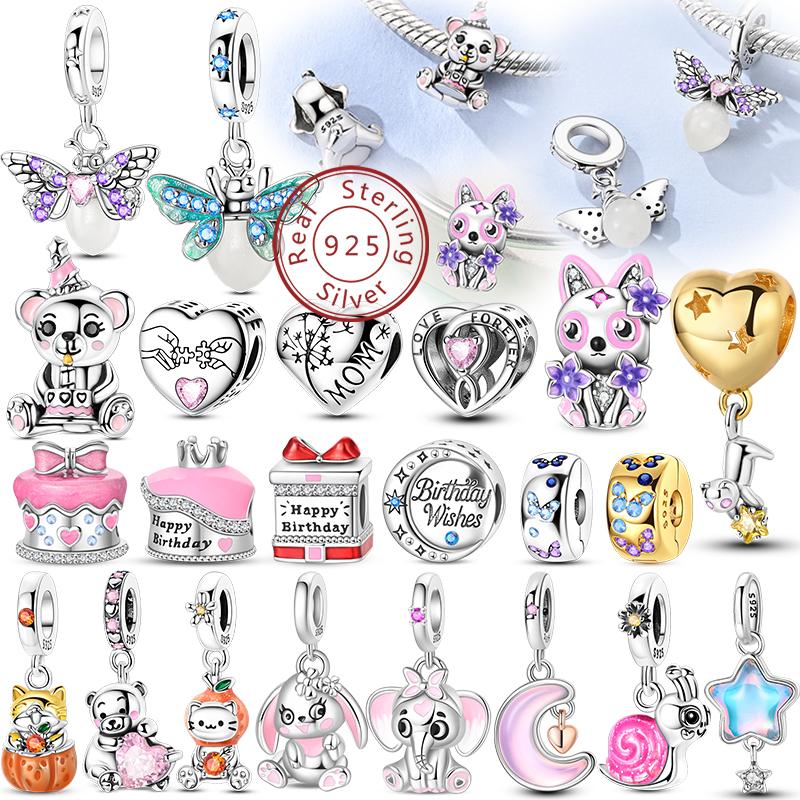 S925 Silver Birthday Bear Lucky Cat Elephant Family Firefly Charms Beads Fit 3mm Bracelets DIY Fine Jewelry
