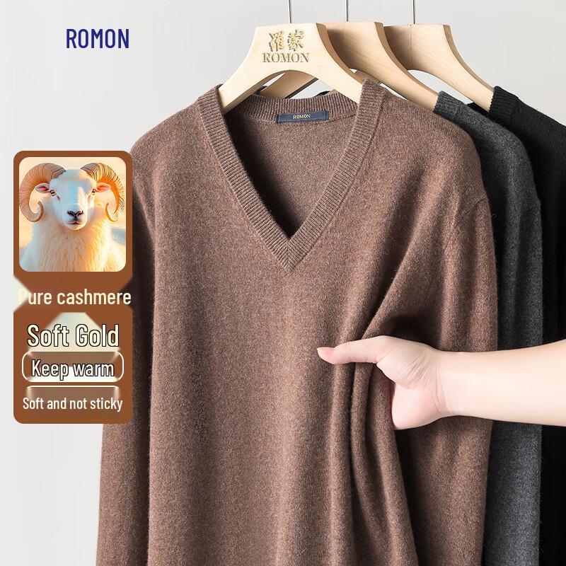Romon Men's V-Neck Pure Cashmere Sweater for Autumn/Winter