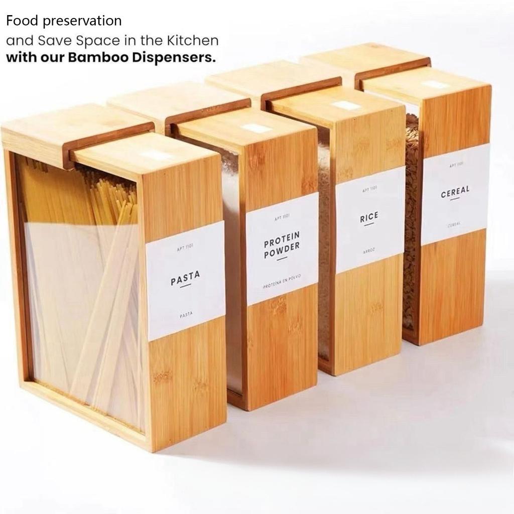Wielofunkcyjny Bambusowy Dozownik do Żywności Organizer Kuchenny do Przechowywania Płatków Śniadaniowych i Spiżarni z Konstrukcją Przesuwnej Pokrywy