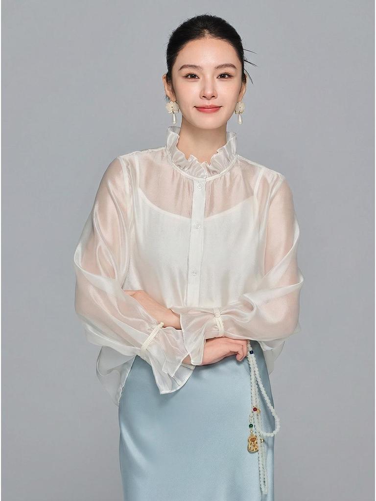 Zhi Hetang Women's Soft Silky Ruffle Long-Sleeve Shirt, New Chinese Style, Spring 2026 Arrival