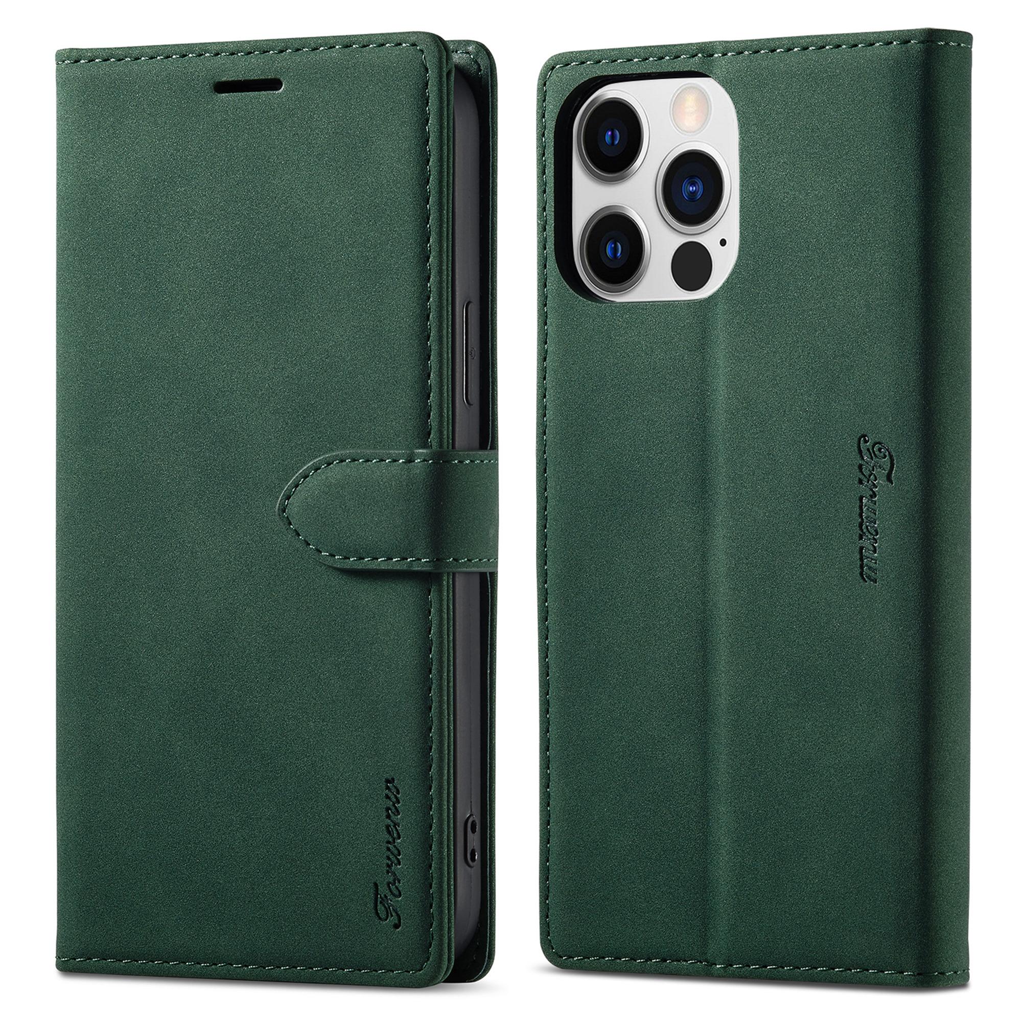 

FORWENW F1 Series For iPhone 15 Pro Case PU Leather Magnetic Clasp Full Protection Phone Wallet Cover Green