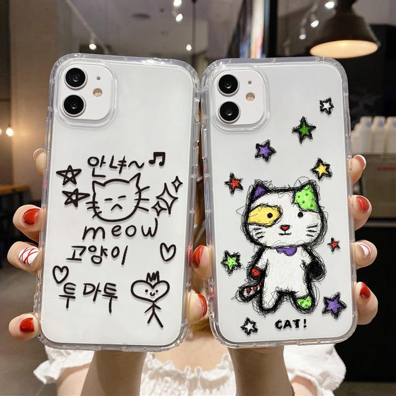 Cute Kawaii Cat Dog Sticker Phone Case for iPhone 17 16 15 14 13 12 11 Pro Max Plus Korean Style Shockproof Clear Soft TPU Cover
