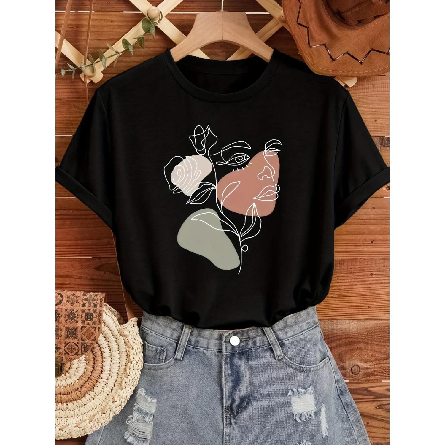With Floral & Abstract Face Print Allseason Top Floral Print Medium Stretch Fabric Women S Casual Crew Neck Short Sleeve S чёрный