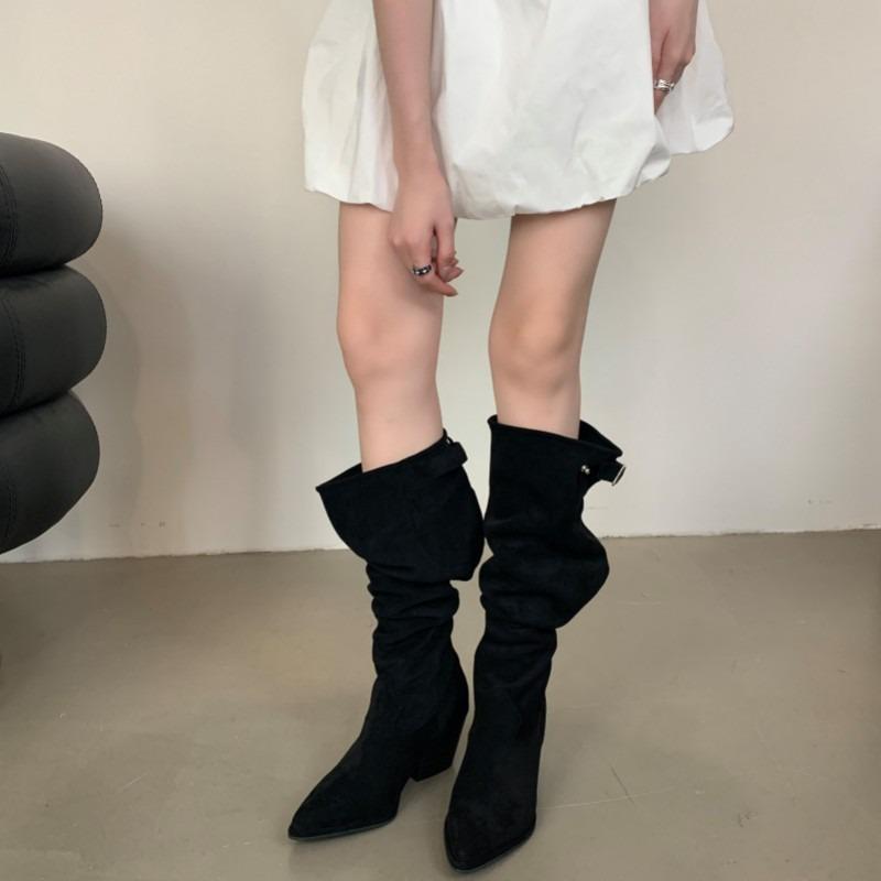 Zhao Ruth 2025 new European and American Spice Girls boots tube stacking boots thick heel pointed high heel knight boots