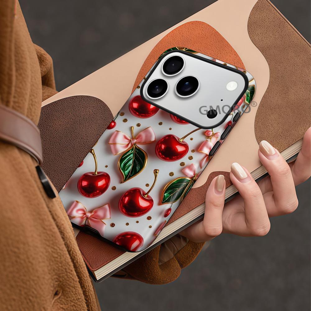 3D Three-dimensional Cherry Bow Magnetic Mobile Phone Case iPhone15 Anti-drop Two-in-one Film Case Apple 17pm