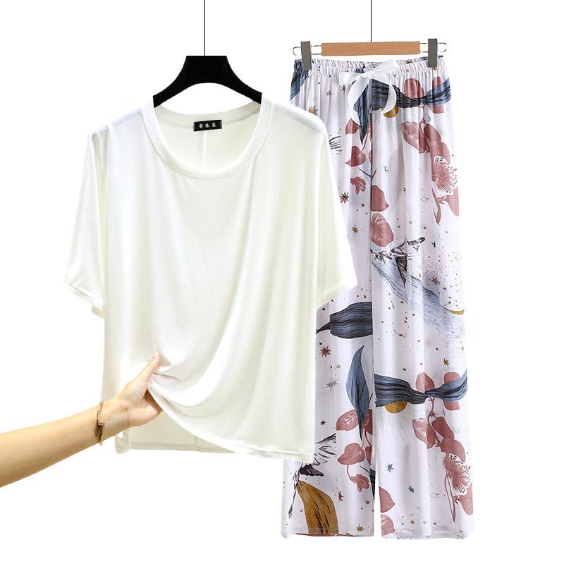 T-shirt girocollo in modal con pantaloni a gamba larga floreali in popeline Set pigiama estivo sottile Tuta casual larga per dormire Loungewear comodo tutto da abbinare