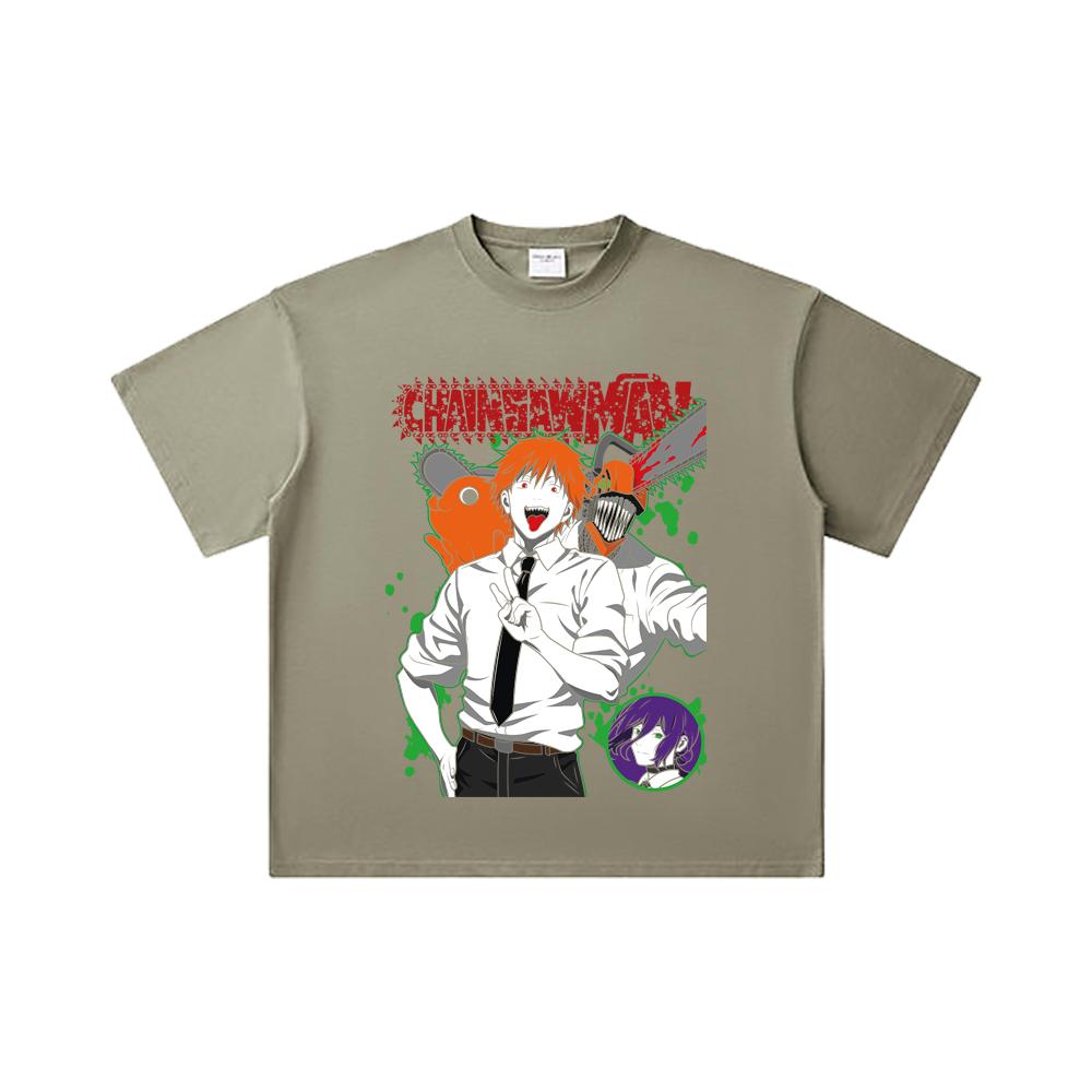 260 GSM Double Yarn 32 Count 100% Cotton Chainsaw Man V46 Denji Print Unisex Heavy Cotton T Shirt