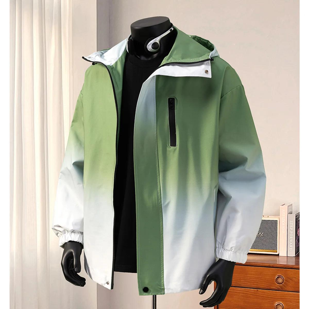 

Spring Men Windproof Jacket Men Fashion Casual Hooded Coat Youth Zipper Pocket Jackets Hong Kong Style Male Gradient Windbreaker M зелений