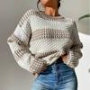 Women S Casual Loose Color Block Round Neck Long Sleeve Knit Sweater