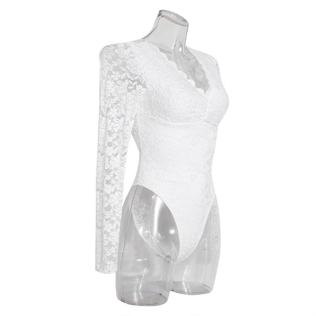 Slimming Lace V-Neck Backless Long Sleeve See-Through Lingerie Bodysuit